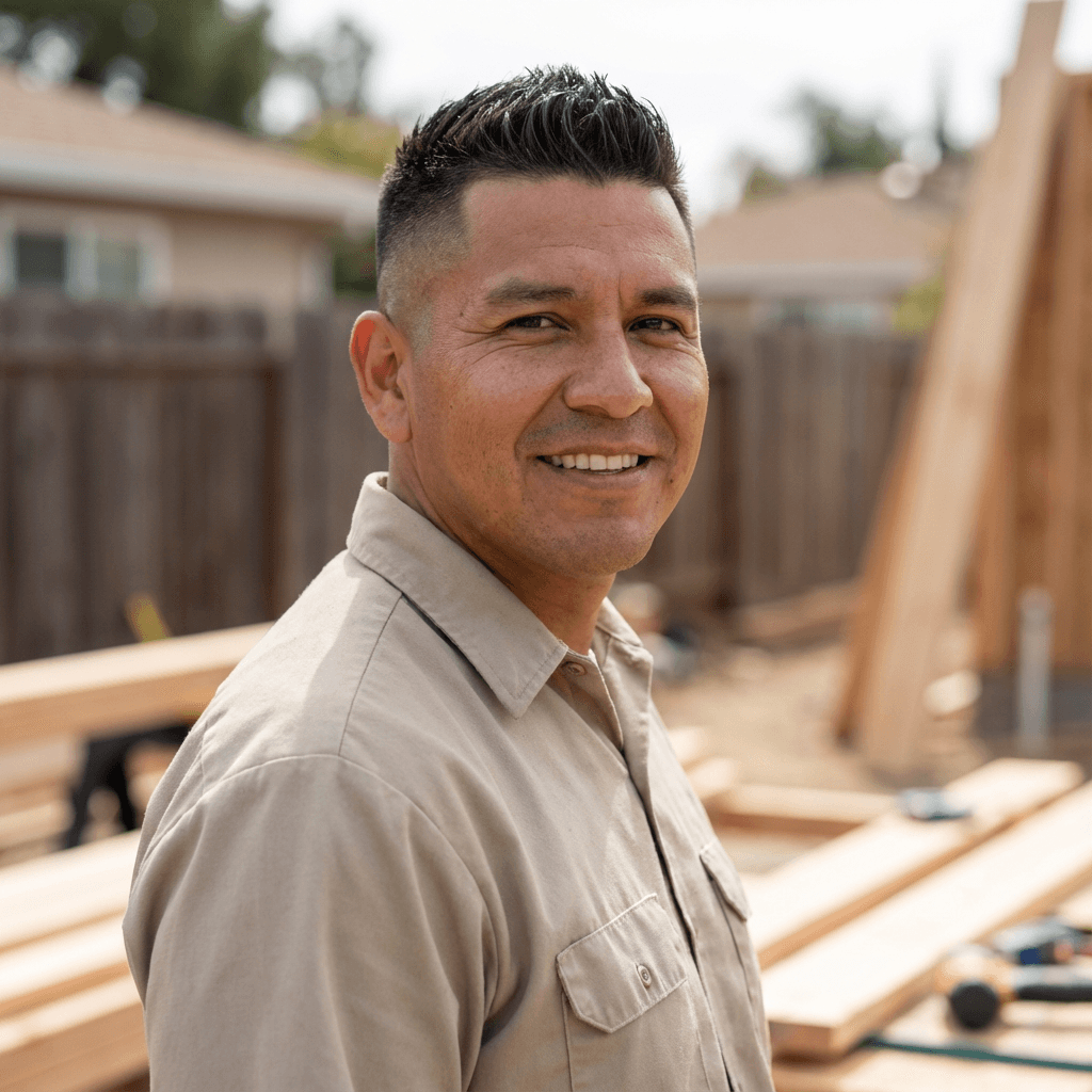 Satisfied homeowner standing in front of a neatly mowed lawn
