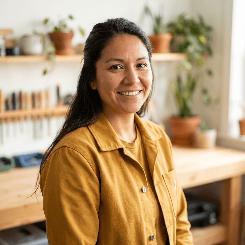 Smiling woman in a yellow jacket stands in a workshop with tools and potted plants.