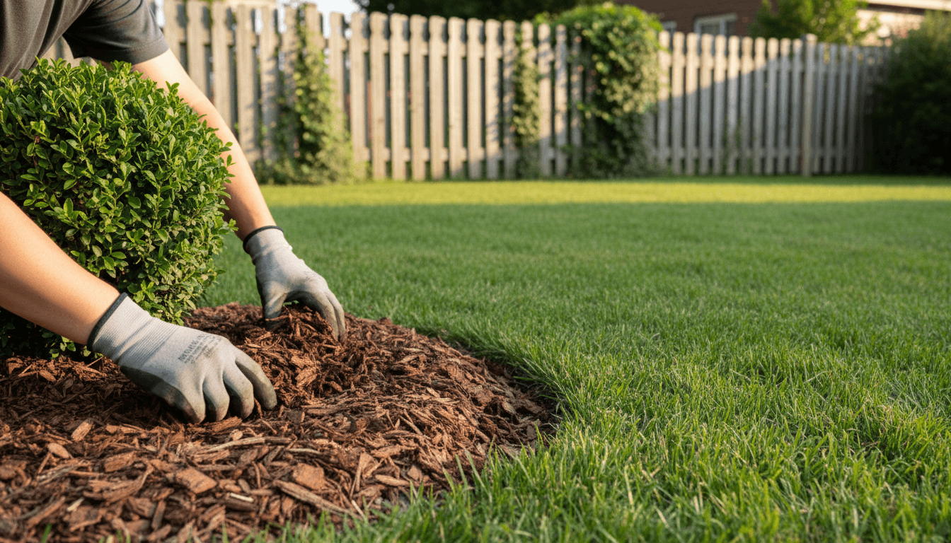 Landscaper spreading fresh mulch around shrubs in a residential yard