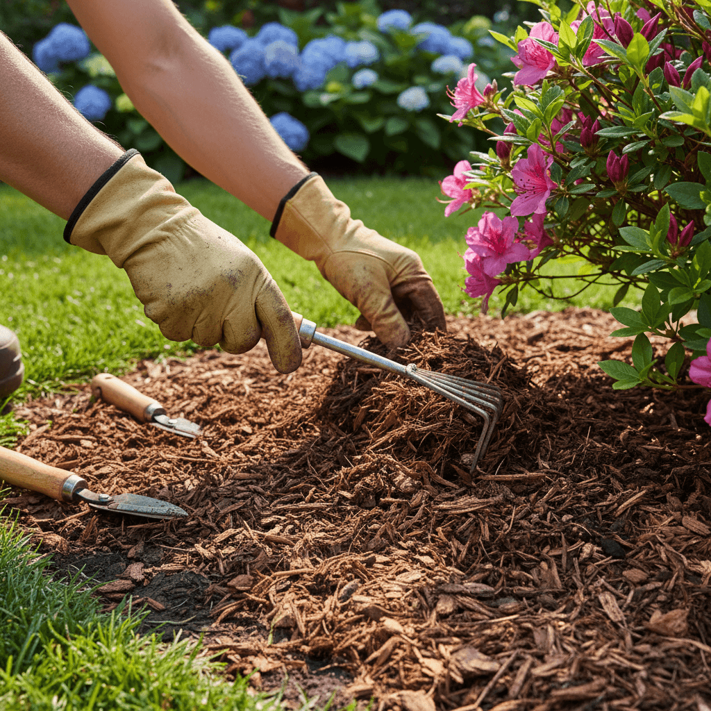 Mulch installation around shrubs in a residential bed