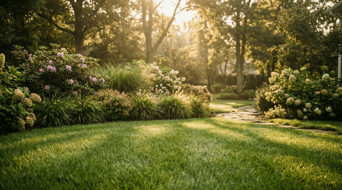 Landscaped front yard with fresh mulch and tidy flower beds
