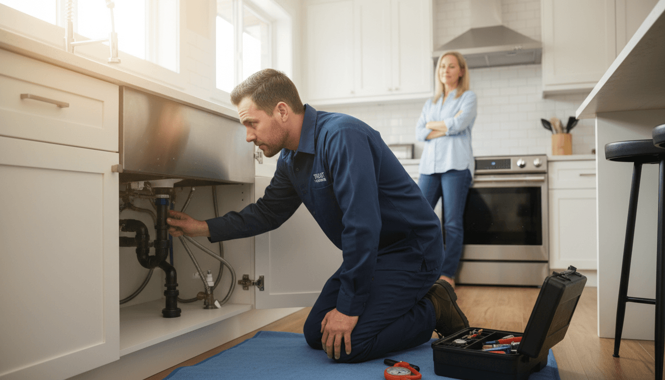 Plumber working under a kitchen sink with a tool bag nearby