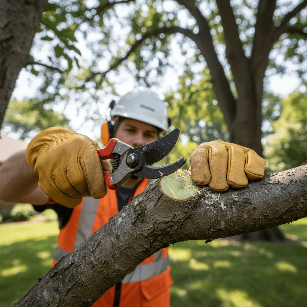 Arborist pruning lower branches of a tall pine tree