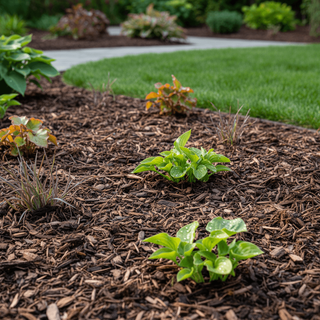 Close-up of a freshly installed mulch bed with clean edges