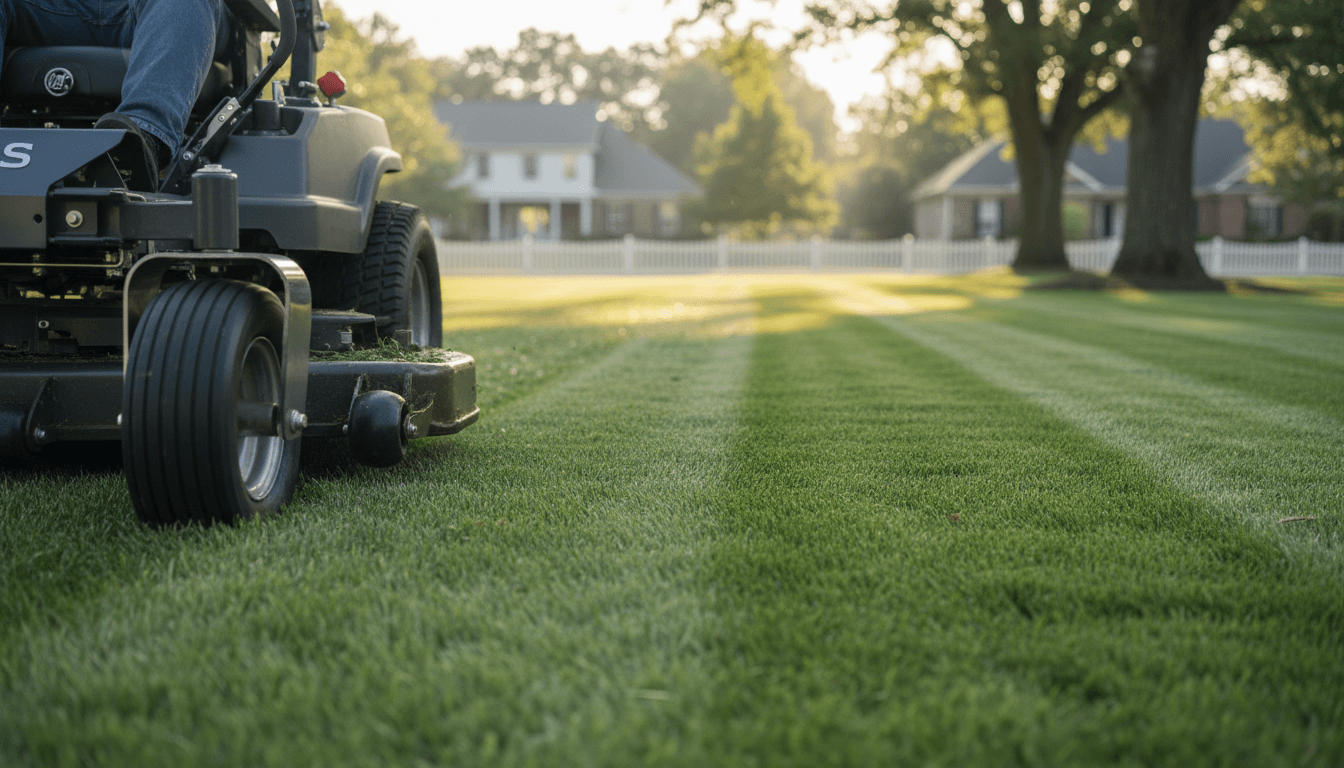 Freshly mowed lawn with clean stripes in a residential yard