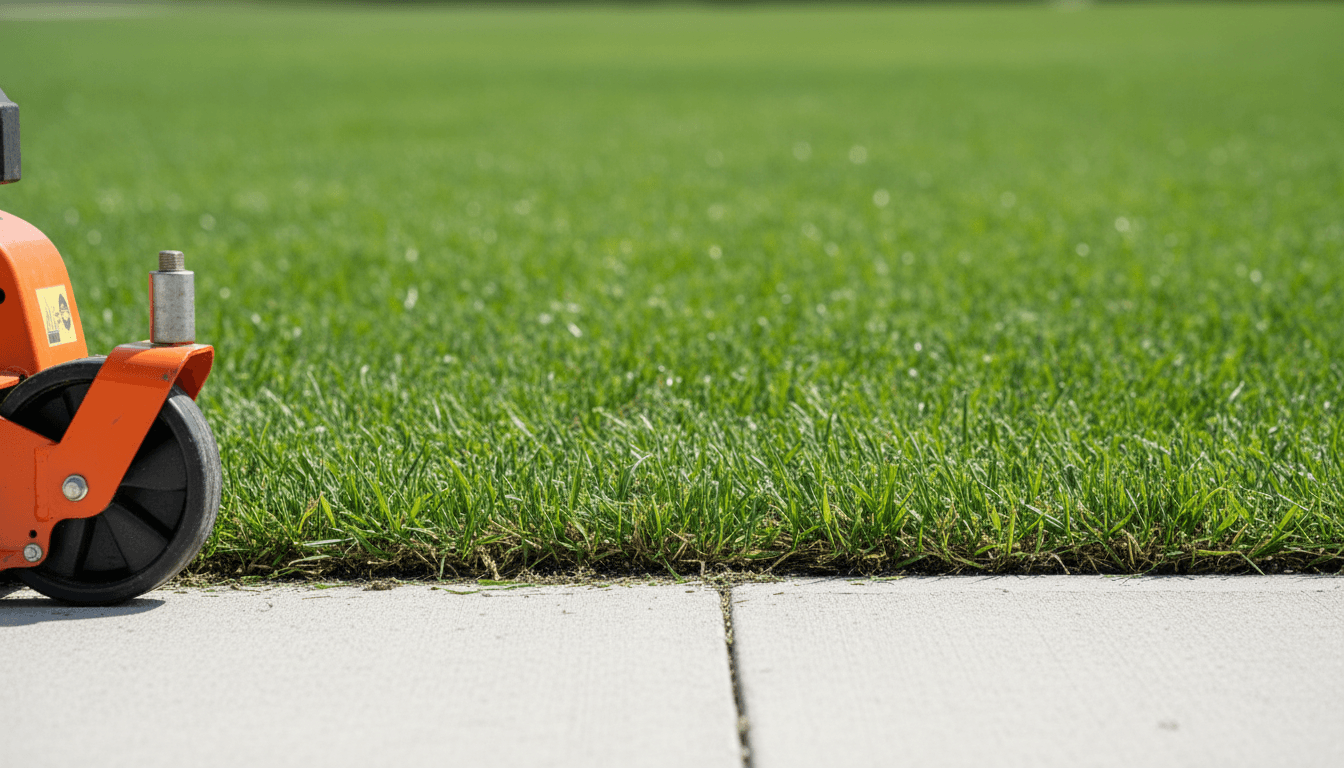 Freshly mowed lawn with clean stripes and trimmed edges