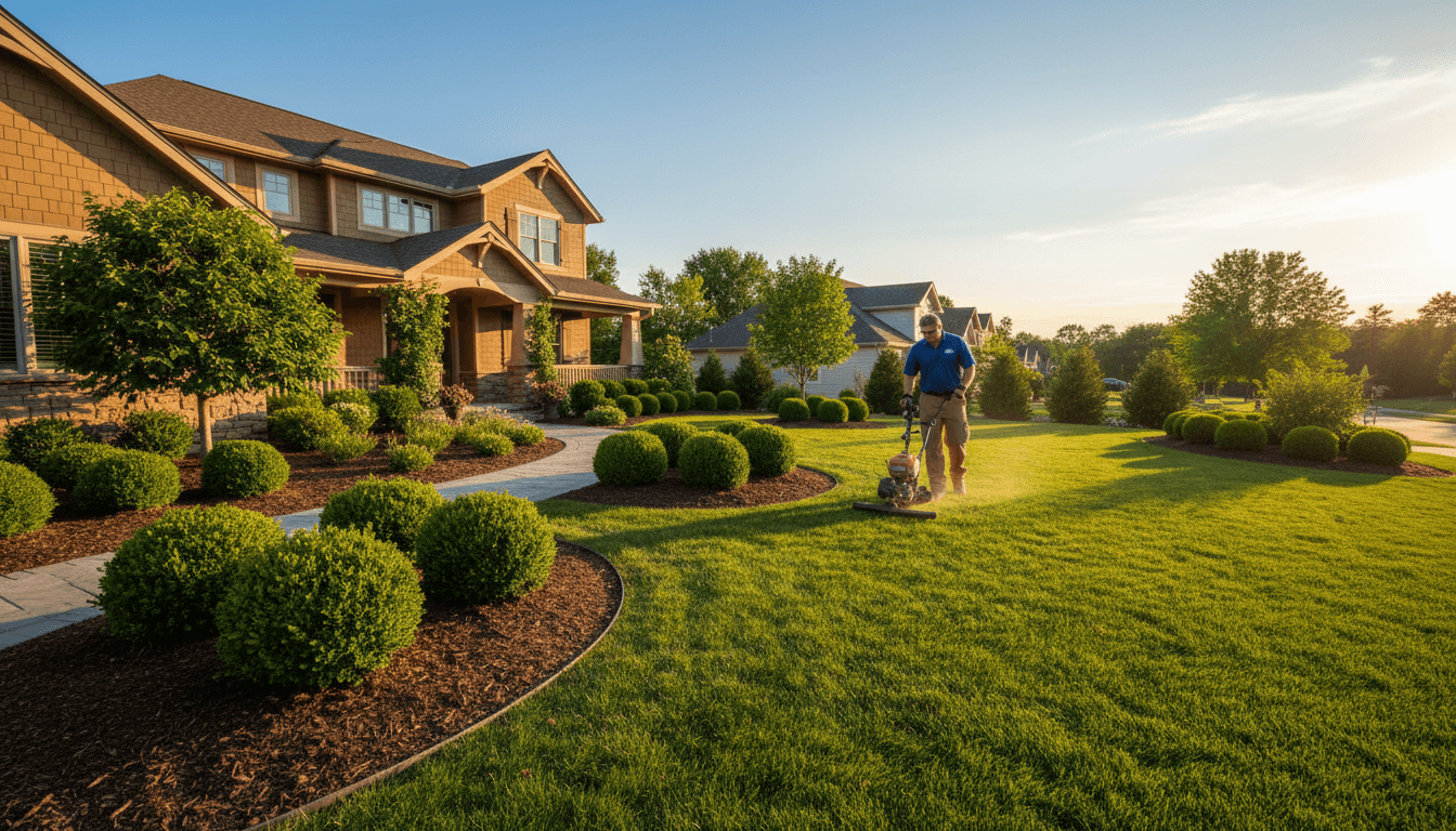 Freshly mowed lawn with clean mulch beds and a landscaper loading debris in the background