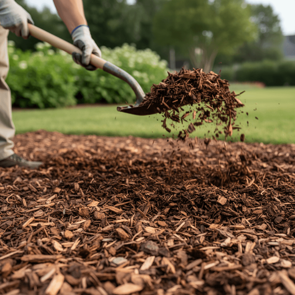Evenly spread mulch in a garden bed with clean borders