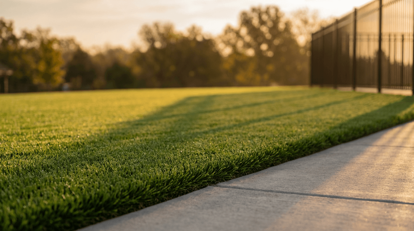 Freshly mowed lawn with neat stripes and clean edges at a residential property